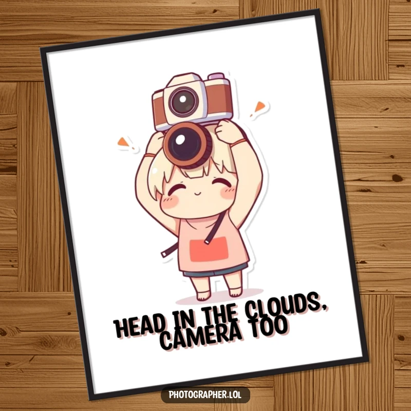 Funny Free Printable Wall Art: Character balances a camera on their head with clumsy delight, perfect for quirky downloadable decor.