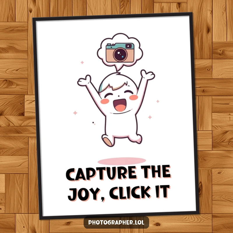 Funny Free Printable Wall Art: Adorable subject jumping for joy, a thought bubble with a camera icon above, radiating pure happiness and fun.