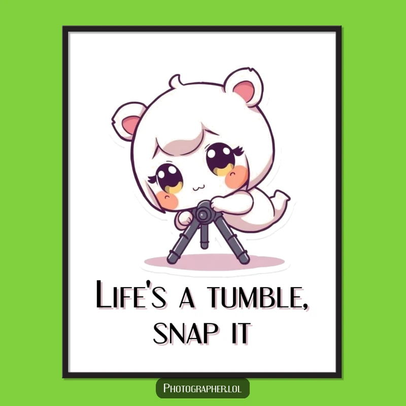 Funny Free Printable Wall Art: Tiny Character Tumbles with Tripod, Whimsical Downloadable Decor