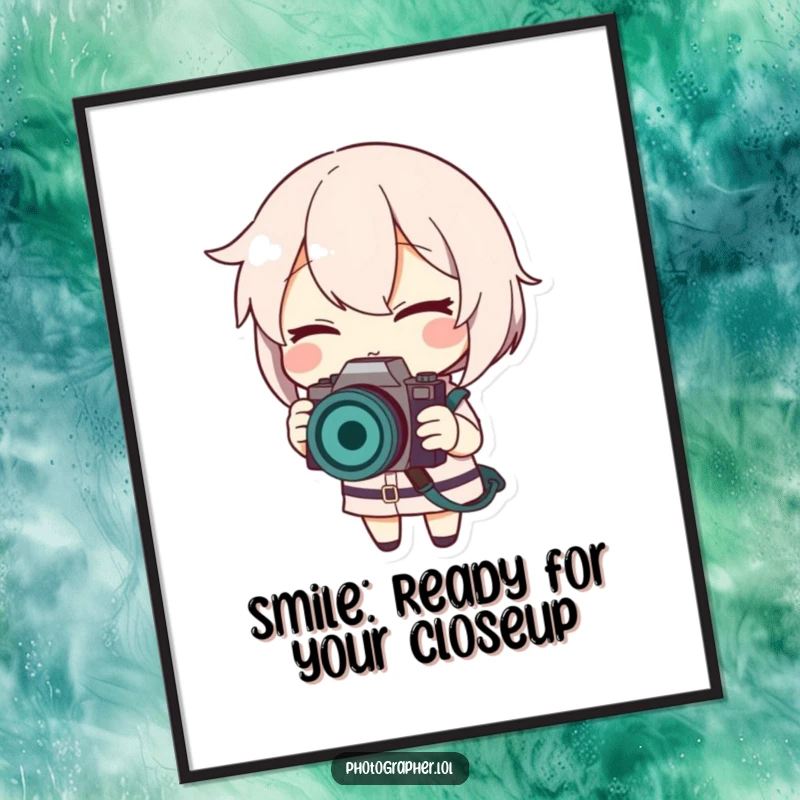 Funny free printable wall art of a character winking and smiling while adjusting a camera strap.