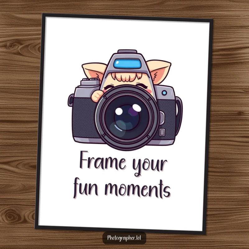 Free Printable Wall Art: A playful character peeking from behind a large camera, giving a cheeky wink, adding humor to decor.