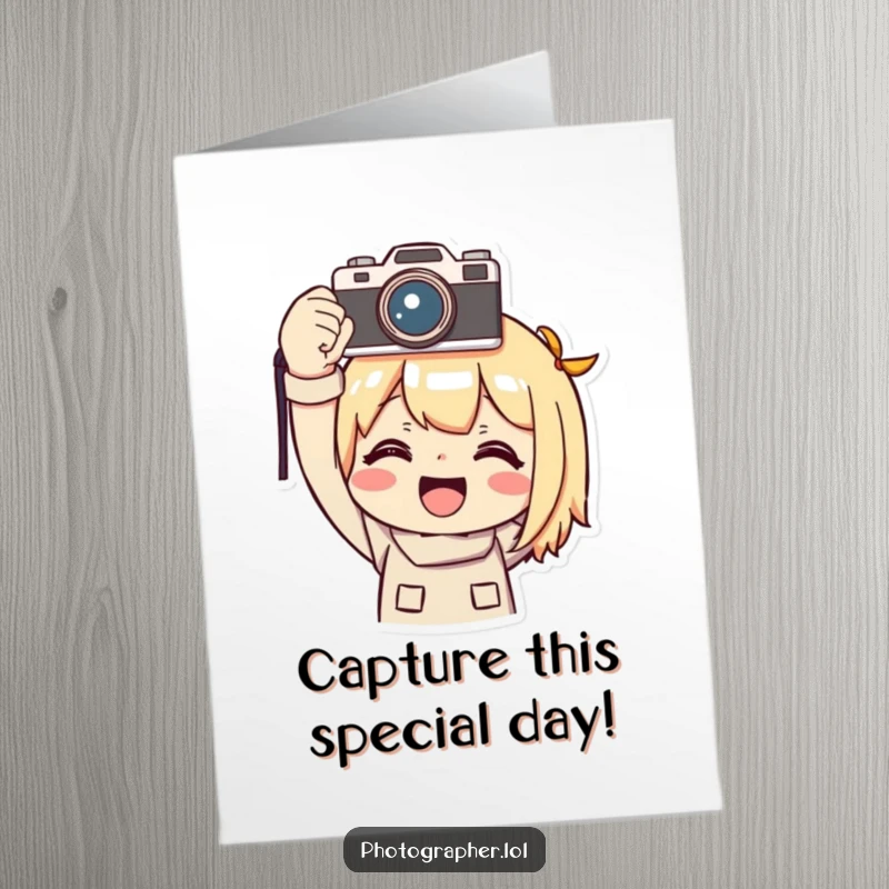 Funny Free Printable Birthday Card: Character smiles holding a camera triumphantly above their head.