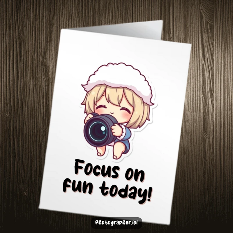 Funny Free Printable Birthday Card: Cute animal gleefully adjusting a camera lens, holding a fluffy lens cap.