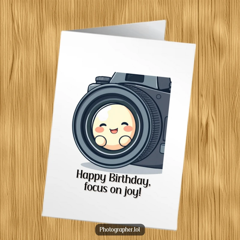 Funny free printable birthday card of a cute blob character giggling while peeking through a camera lens.