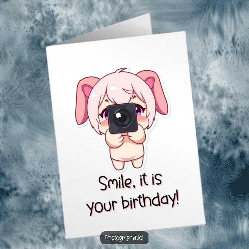 Funny Free Printable Birthday Card: Character smiles big, pointing a camera forward for a birthday photo.