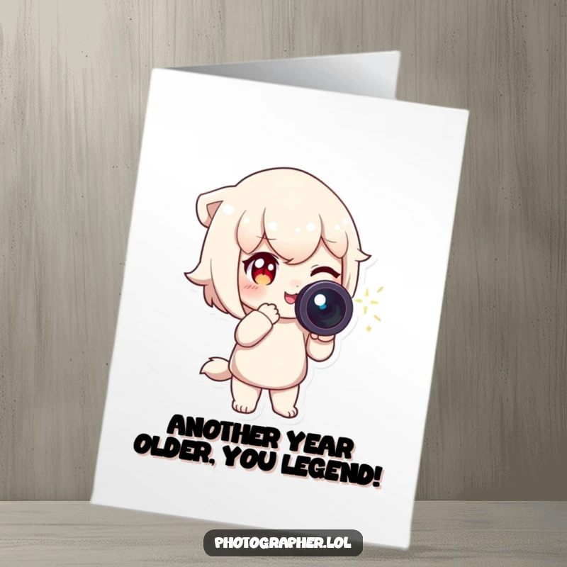 Funny Free Printable Birthday Card: Winking character with camera, sparkling light trail, ready to capture happy moments.