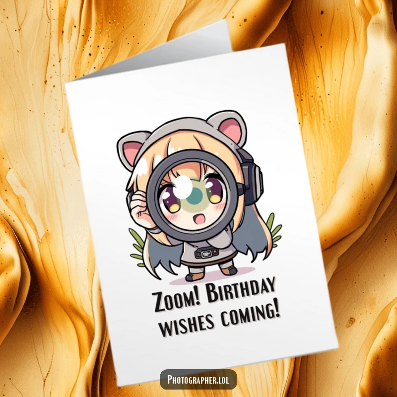 Funny Free Printable Birthday Card: Character zooms in with comically exaggerated lens, ideal for DIY gift.