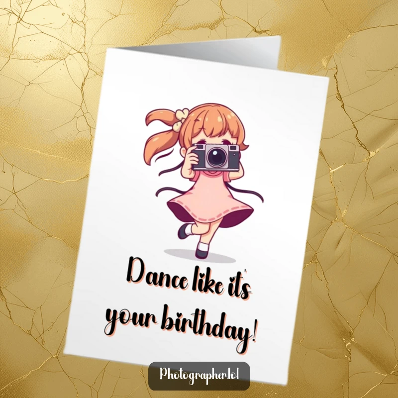 Funny Free Printable Birthday Card: Character dancing with vintage camera, mid-twirl, perfect downloadable gift.