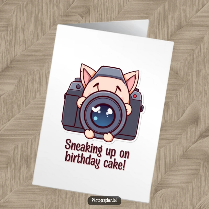 Funny Free Printable Birthday Card: Character peeking from behind a large camera lens with a mischievous grin.