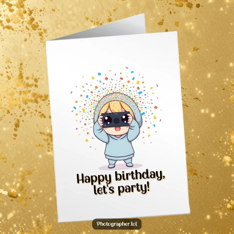 Funny Free Printable Birthday Card: Character snaps a photo, causing colorful confetti to erupt.