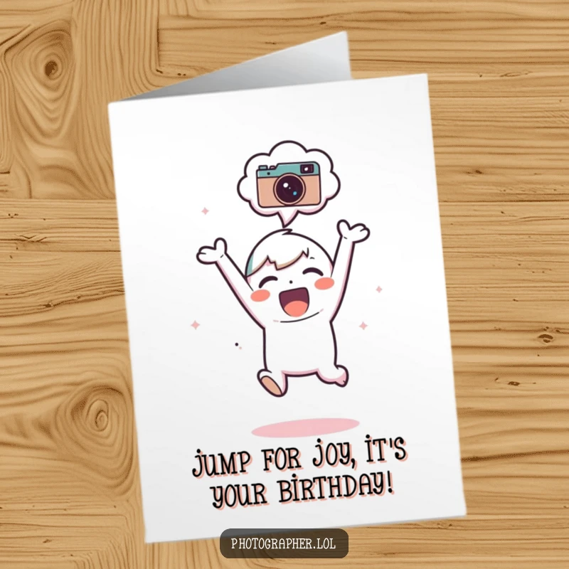 Funny Free Printable Birthday Card: Adorable subject jumping for joy, a thought bubble with a camera icon above, celebrating a birthday with glee.