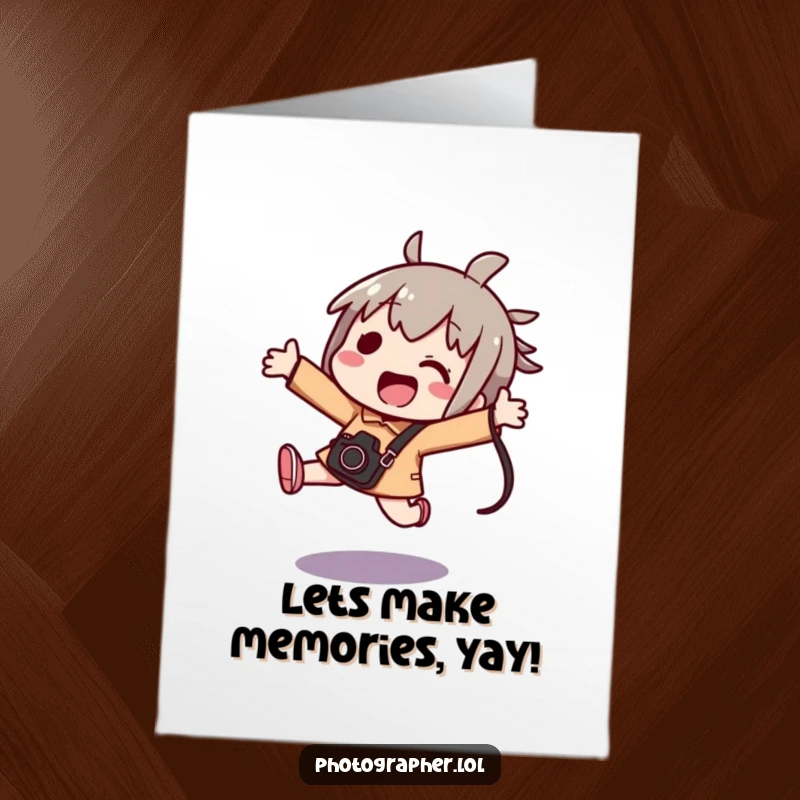 Funny free printable birthday card featuring a kawaii character jumping for joy, camera bag in hand, ready for adventures.