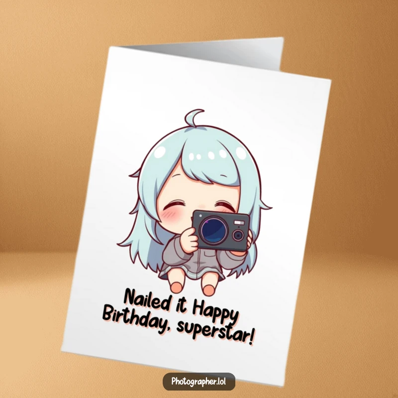 Funny Free Printable Birthday Card: Giggling character obsessed with taking the perfect photo, ready to share laughs.