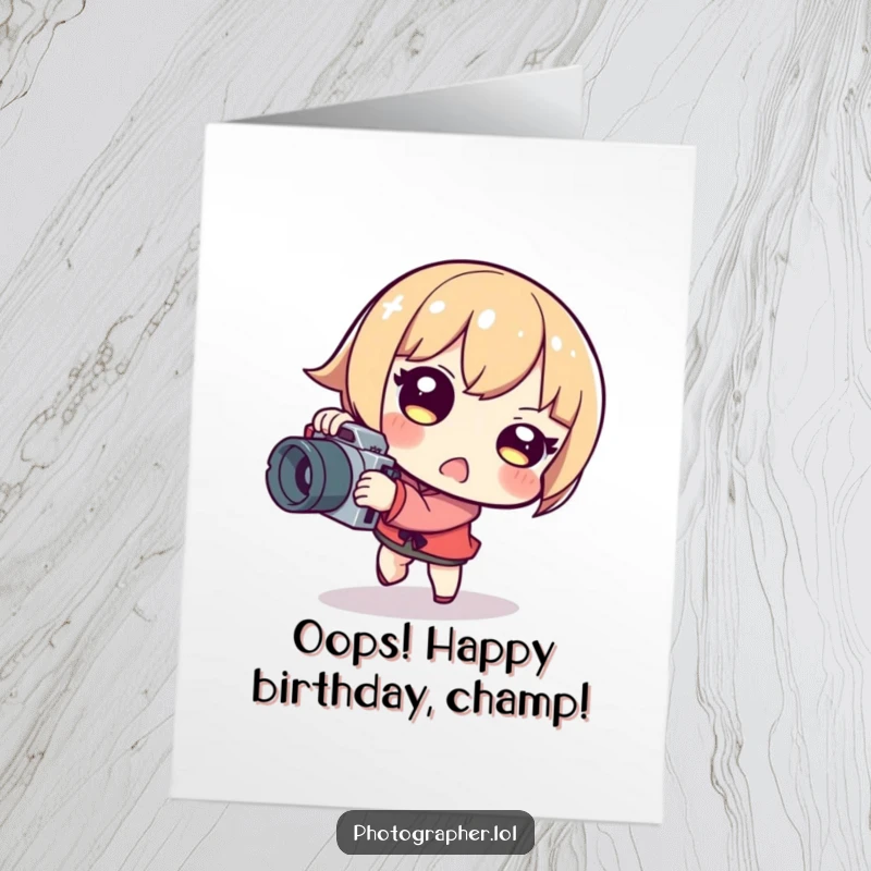 Funny Free Printable Birthday Card: Character tripping with camera, surprised grin, perfect downloadable gift.