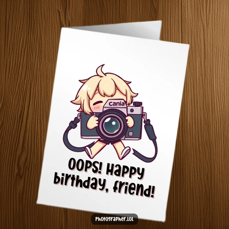 Funny Free Printable Birthday Card: Character trips over camera strap, flailing wildly, ideal for DIY gift.