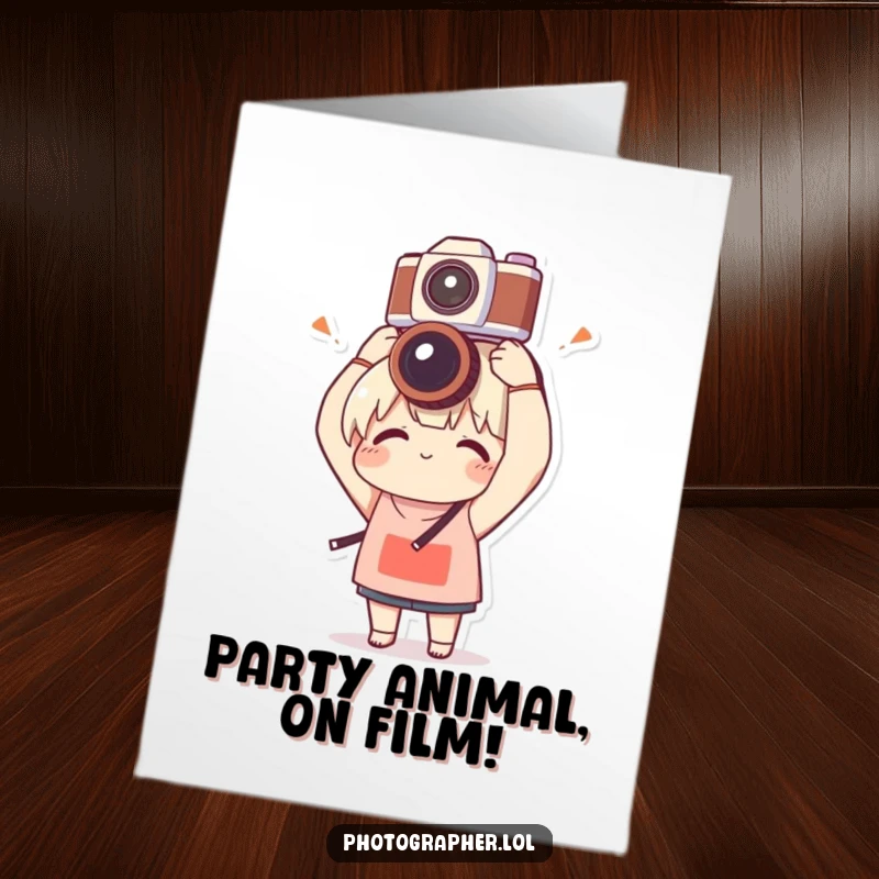 Funny Free Printable Birthday Card: Character balances a camera on their head with clumsy delight, perfect for a downloadable gift.