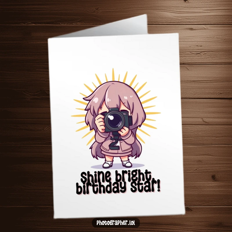 Funny Free Printable Birthday Card: Character poses dramatically with a camera, starburst behind them.