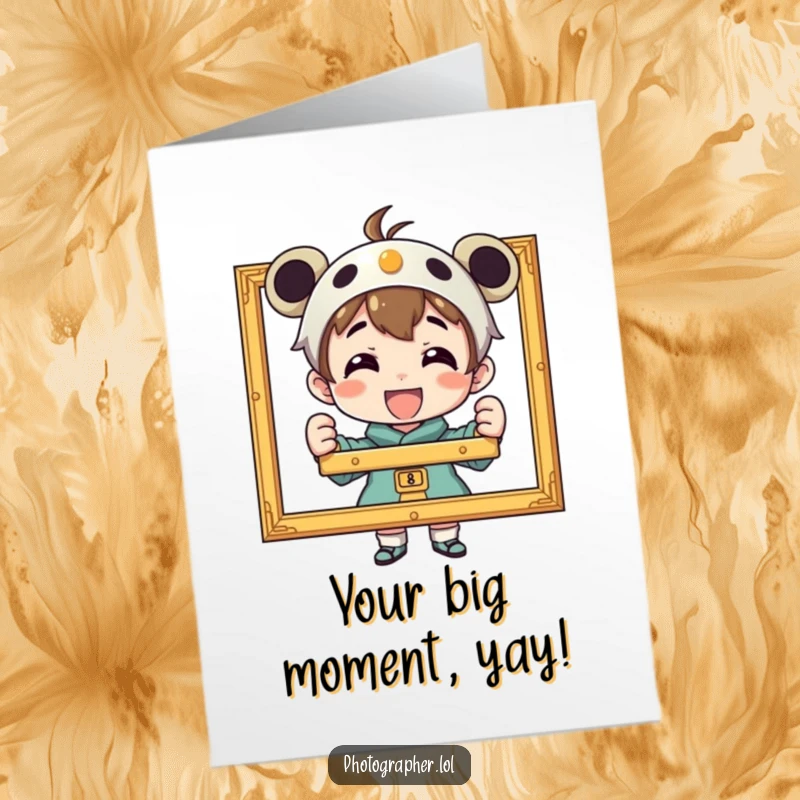 Funny Free Printable birthday card: A character beams with pride holding a perfectly framed photograph.