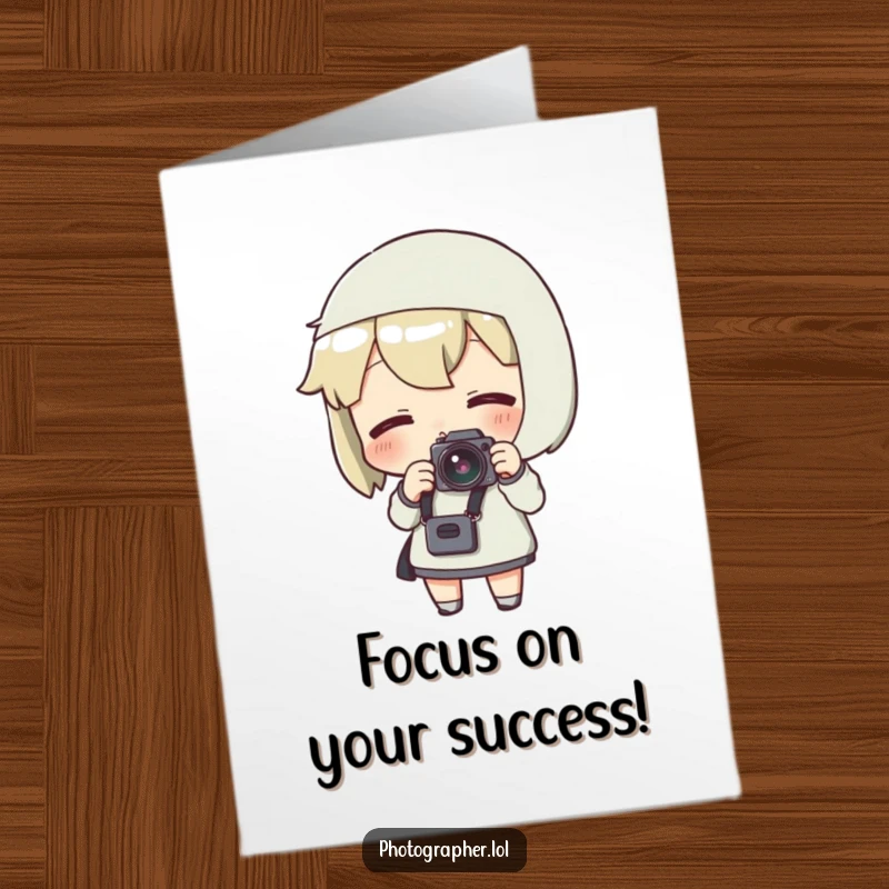 Funny Free Printable Congratulations Card: Character excitedly adjusts camera strap, ready to photograph your achievement.