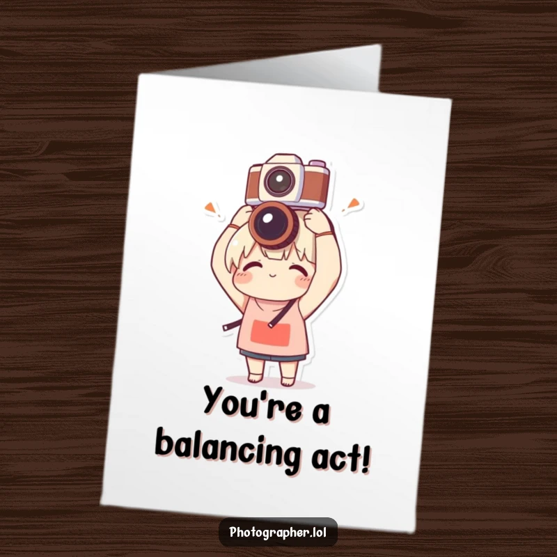 Funny Free Printable Congrats Card: Character adorably balances a camera on their head with clumsy delight, a unique downloadable gift.