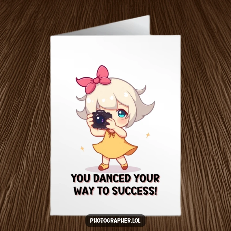 Funny Free Printable Congrats Card: Photographer joyfully dancing with a camera, a blur of celebratory motion.