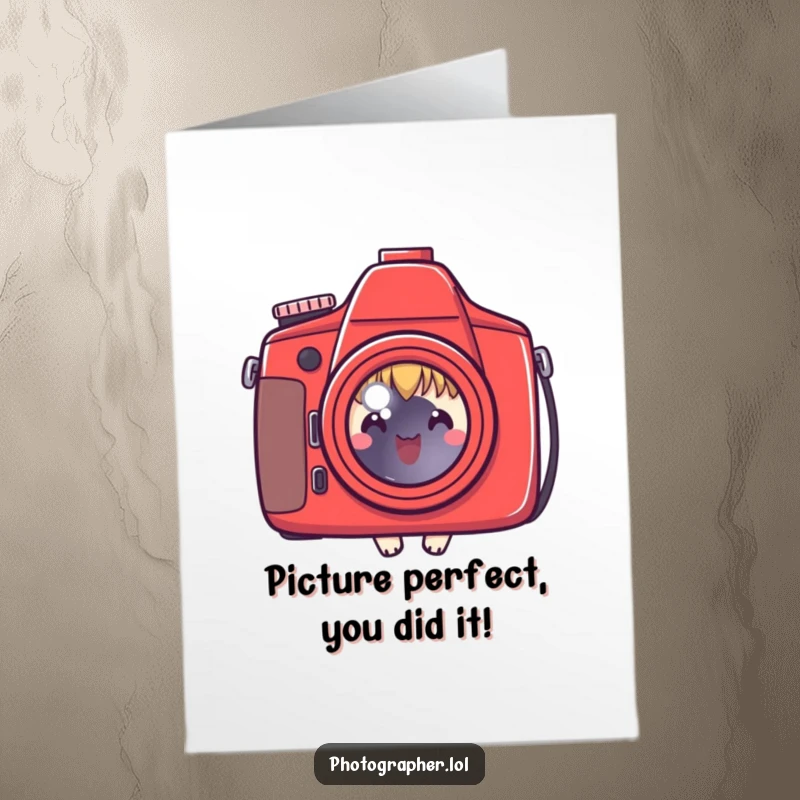 Funny Free Printable Congrats Card: A cute character peeking from behind a big red camera, celebrating success with humor.