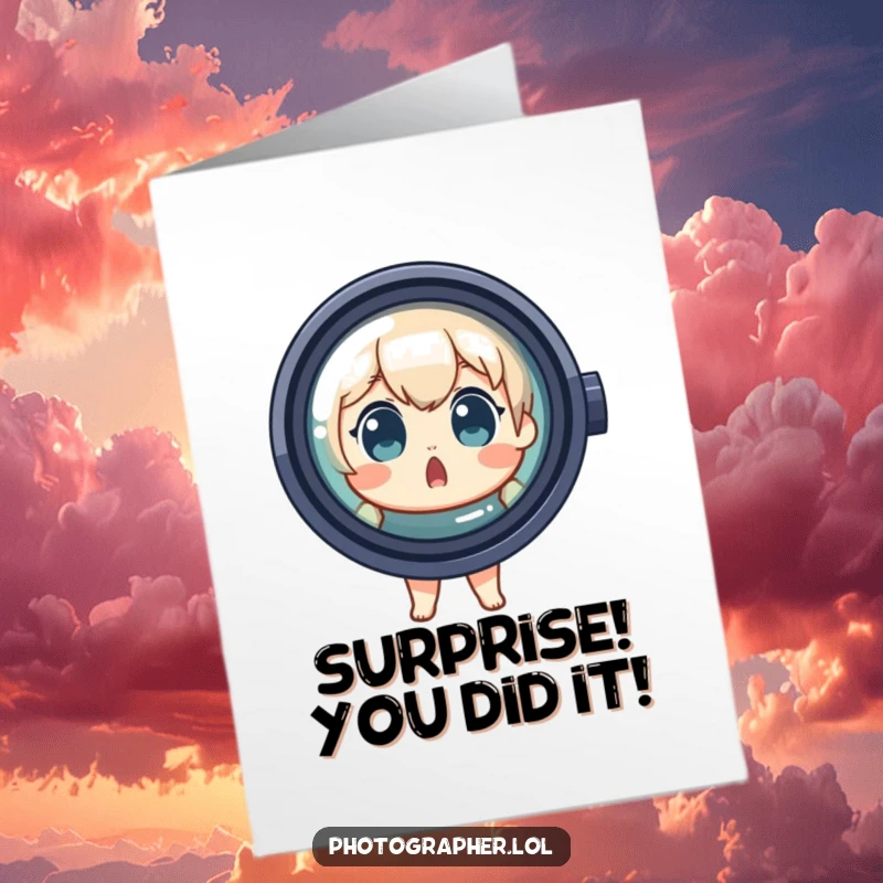 Funny Free Printable Congrats Card: Surprised character peeking out from behind a giant lens, celebrating success with wide-eyed amazement.