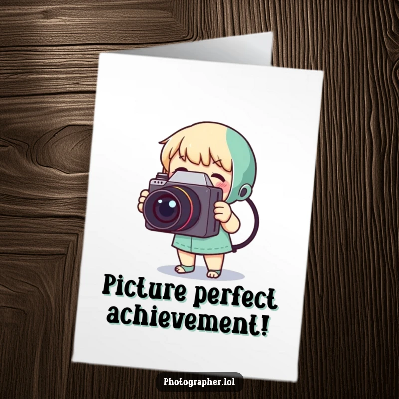 Funny Free Printable Congratulations Card: Tiny character gleefully snaps a photo with a vintage camera, celebrating success.