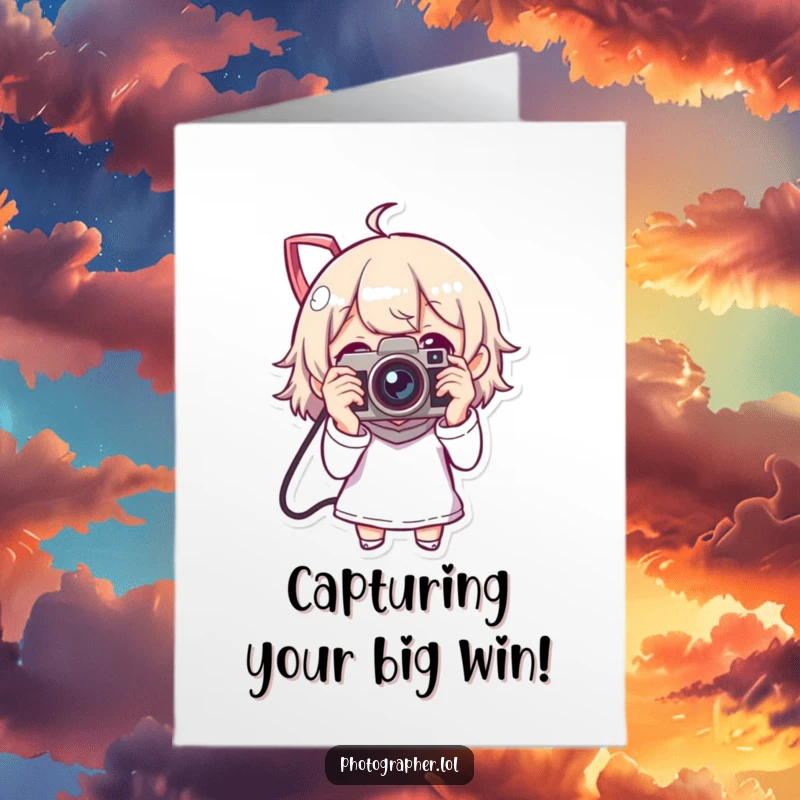 Funny free printable congratulations card showing a man with a vintage camera, celebrating an achievement.