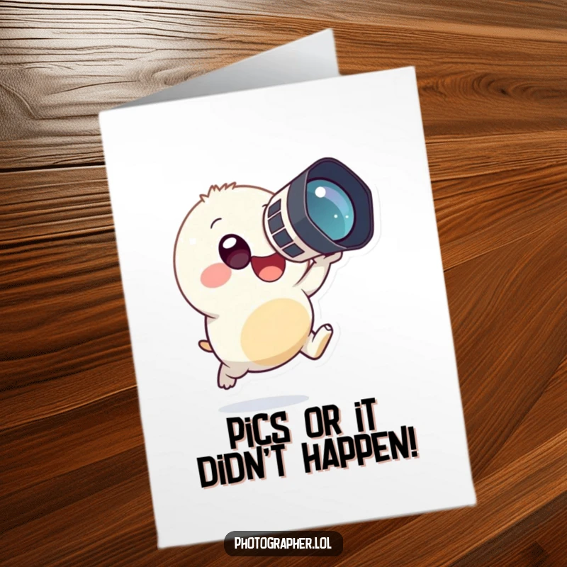 Funny free printable congratulations card showing a happy, round creature taking a photo with a big camera.