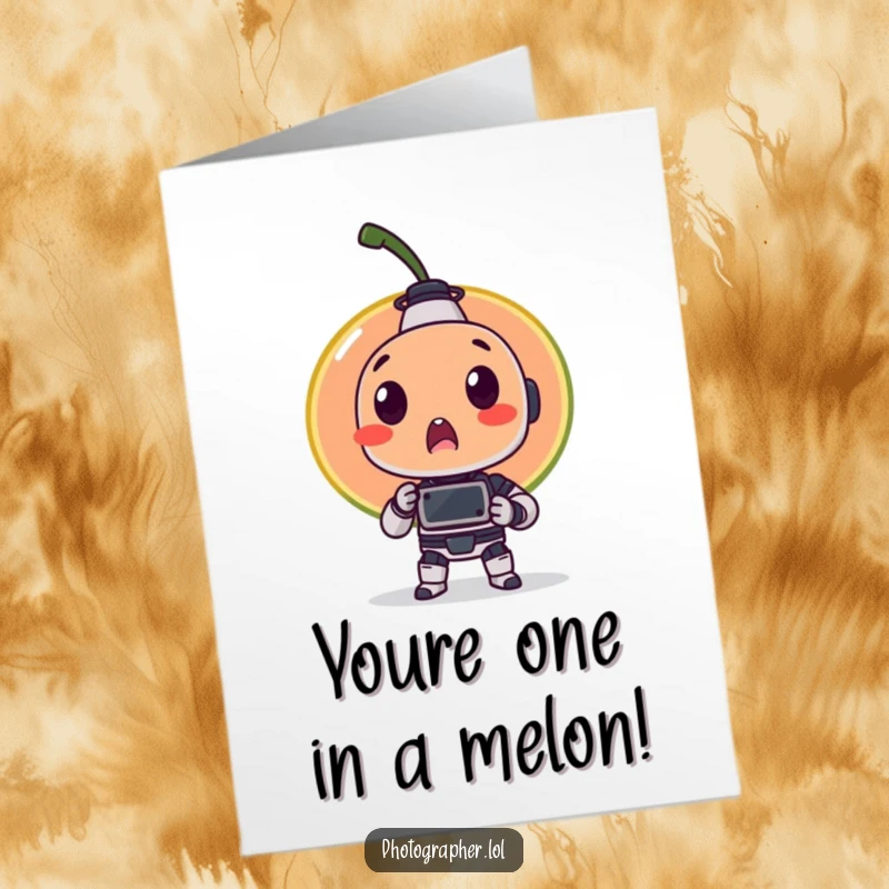Funny free printable congratulations card: a tiny robot photographs a comically surprised fruit item, capturing a milestone moment.