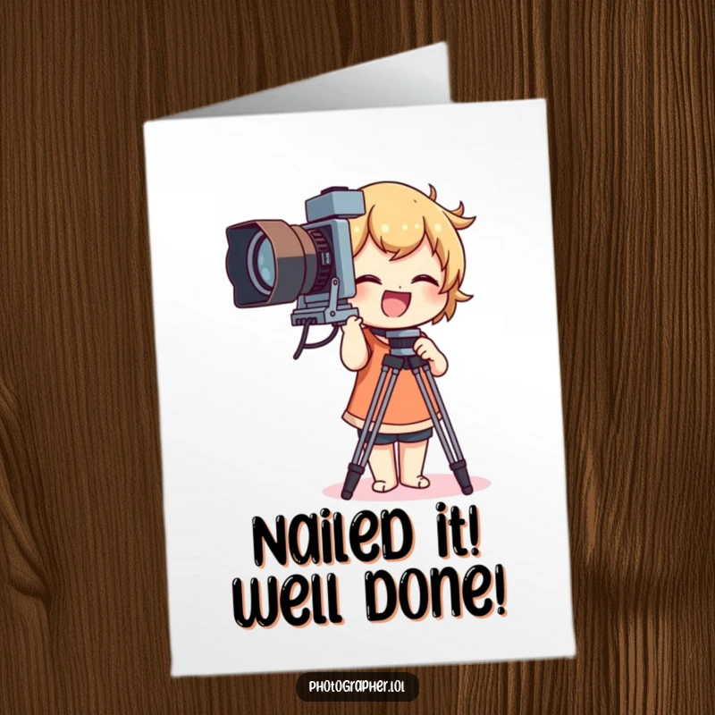 Funny Free Printable Congrats Card: Amused photographer fine-tuning a vintage camera tripod for a celebratory shot.