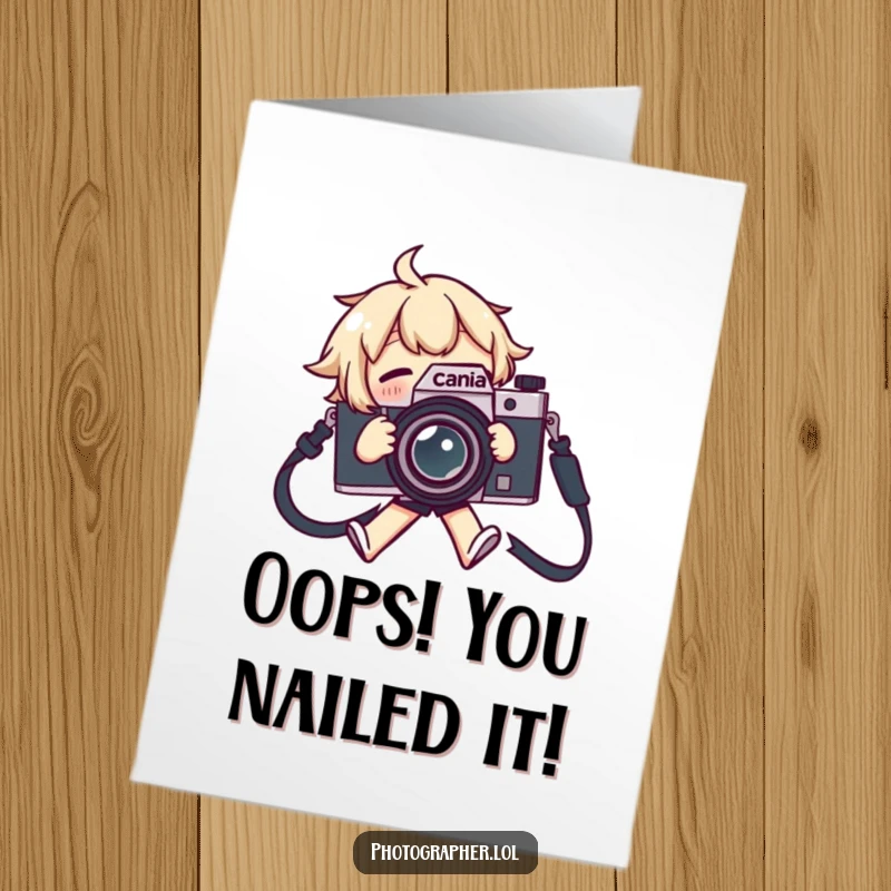 Funny Free Printable Congratulations Card: Character tripping over camera strap, flailing arms and legs, great DIY.