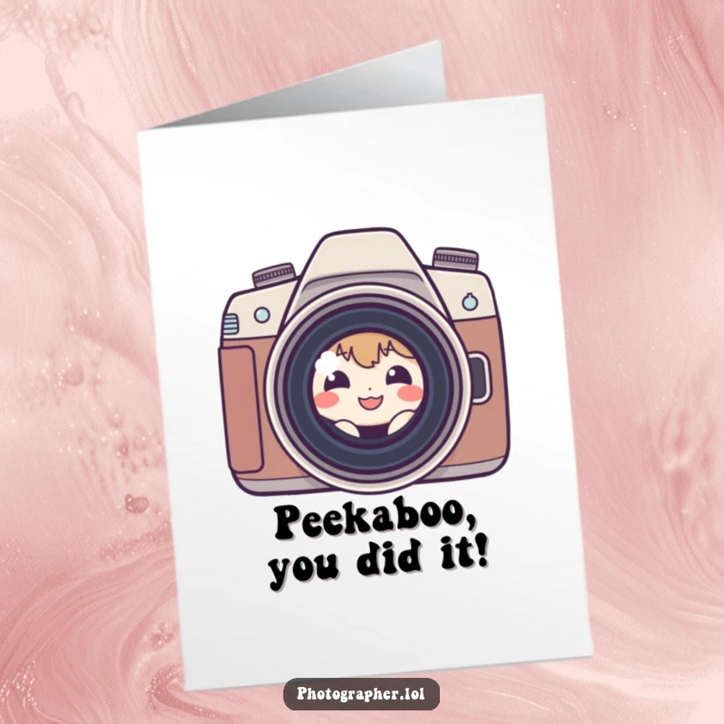 Funny Free Printable Congrats Card: Shy character behind camera lens, smiling, perfect downloadable gift.