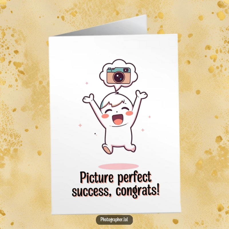 Funny Free Printable Congrats Card: Adorable subject jumping for joy, a thought bubble with a camera icon above, celebrating a big win.