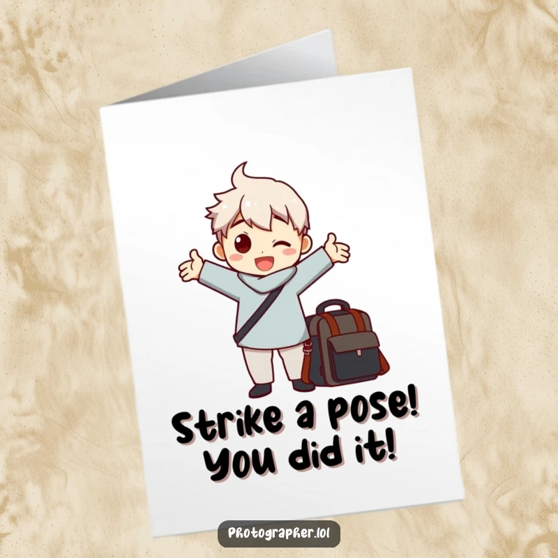 Funny Free Printable Congrats Card: Photographer in a hilarious pose, arms outstretched by a camera bag, celebrating success.