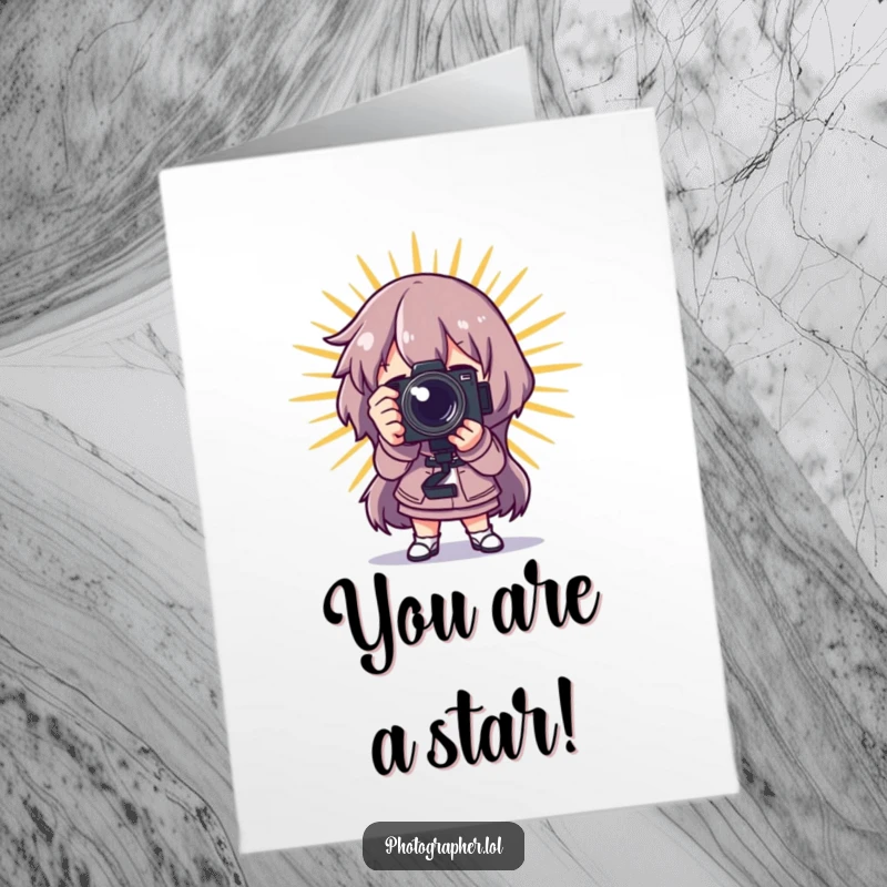 Funny Free Printable Congratulations Card: Character strikes a dramatic pose with a camera, starburst behind.