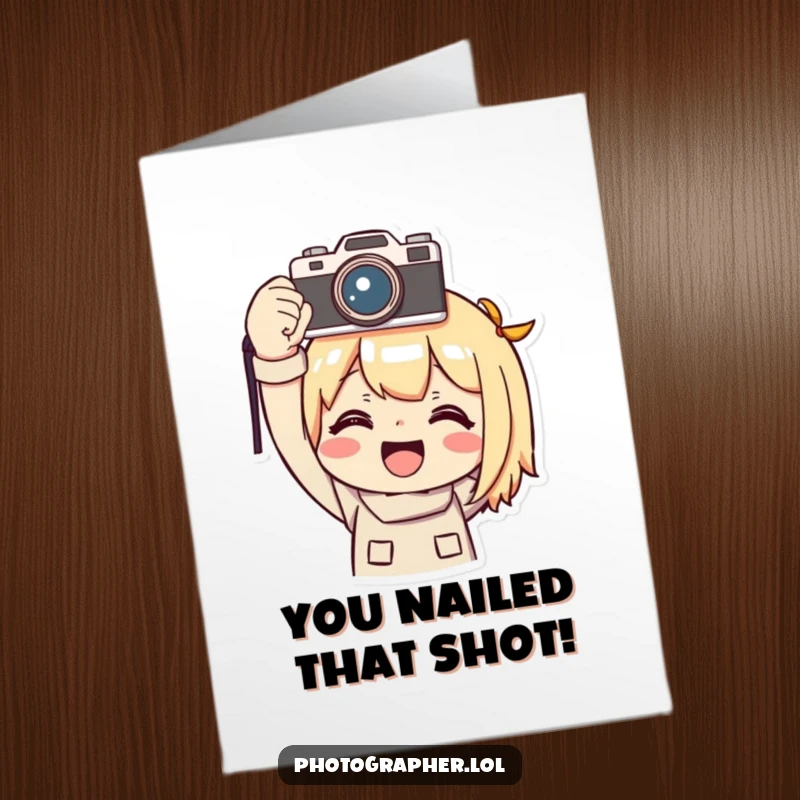 Funny Free Printable Congratulations Card: Character smiles holding a camera triumphantly overhead.