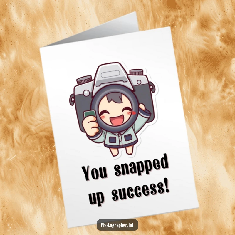 Funny Free Printable congratulations card: A character beams with joy, pressing a camera shutter with glee.