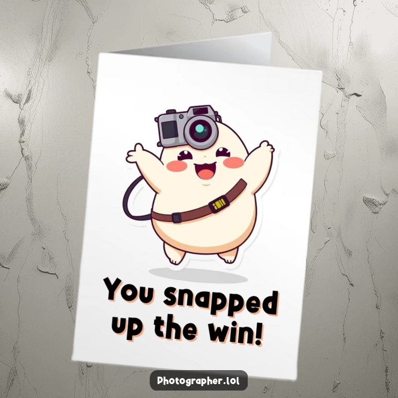 Funny free printable congratulations card: a joyful, plump character bounces energetically with a camera strap swinging, celebrating your achievements.