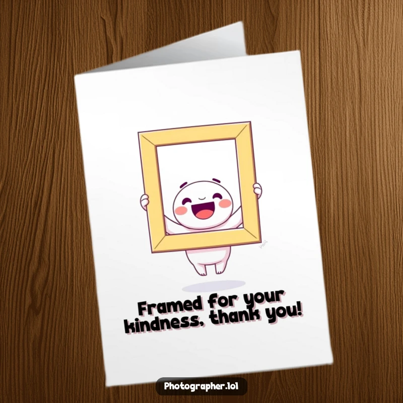 Funny Free Printable Thank You Card: Adorable kawaii character beaming, holding a massive colorful photo frame, expressing thanks with a giant smile.