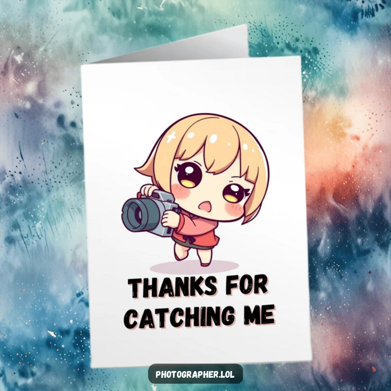 Funny Free Printable Thank You Card: Character tripping with camera, playful surprise, perfect downloadable gift.