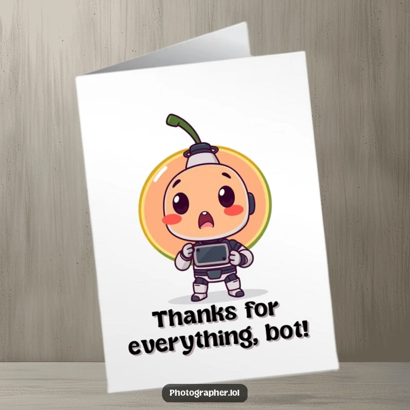 Funny free printable thank you card: a tiny robot captures a surprised fruit item in a hilarious photographic moment of thanks.