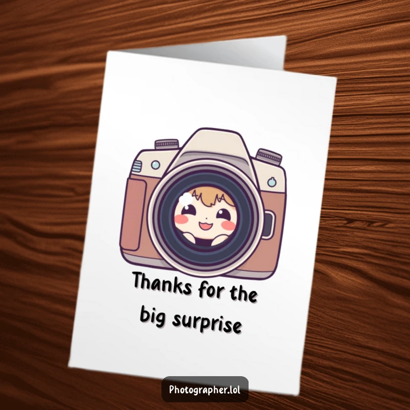 Funny Free Printable Thank You Card: Shy character peeking from camera lens, smiling, perfect downloadable gift.