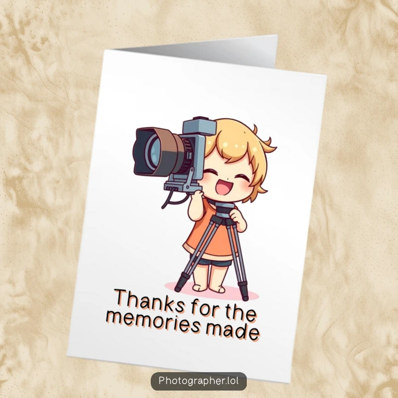 Funny Free Printable Thank You Card: Giggling photographer adjusting a vintage camera tripod, expressing thanks with a smile.