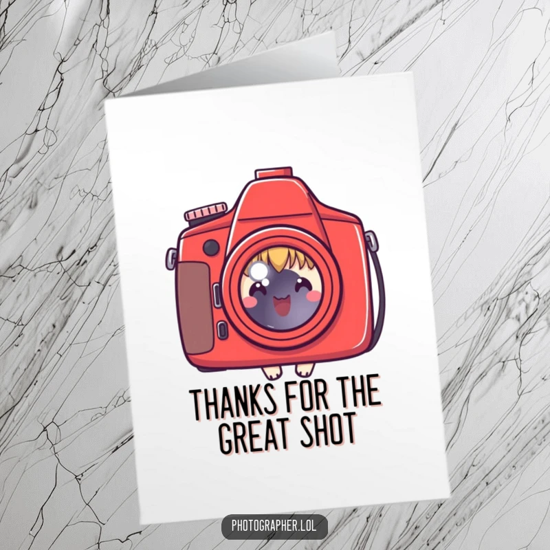 Funny Free Printable Thank You Card: A sweet character peeks from behind a vibrant red camera, showing thanks humorously.