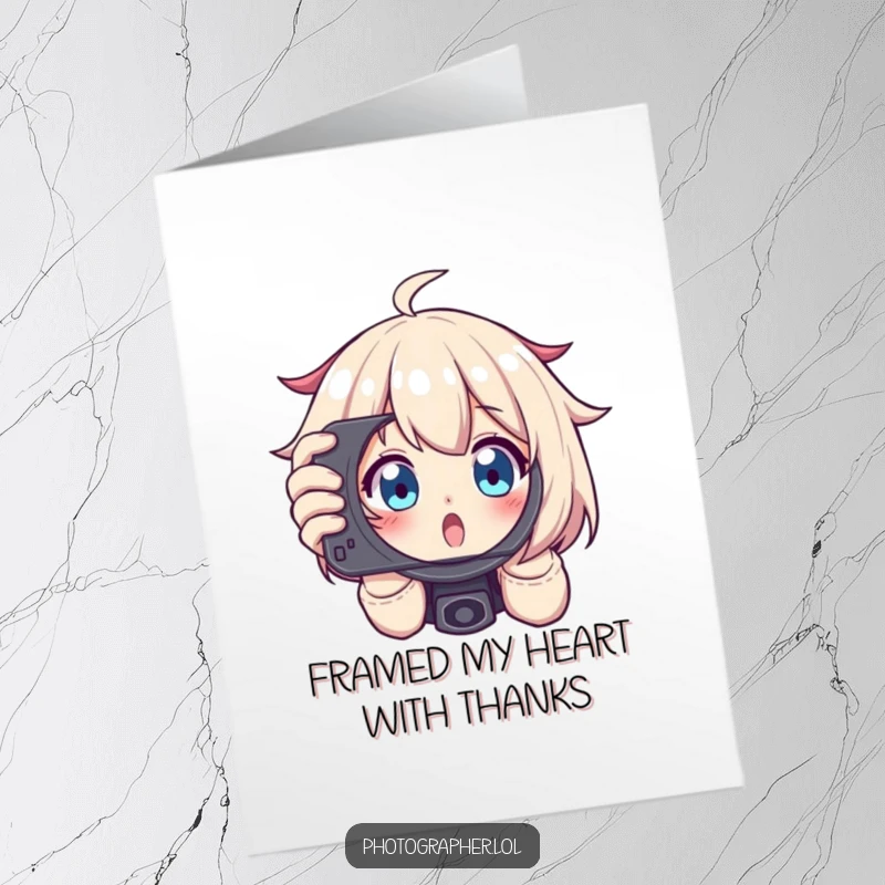 Funny Free Printable Thank You Card: Photographer excitedly looking through a viewfinder, wide-eyed, capturing thanks.