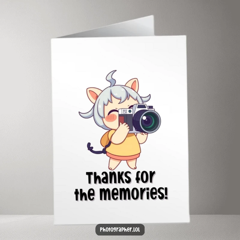 Funny Free Printable Thank You Card: Cute character joyfully holding a large camera with a flash, sending thanks with a bright smile.