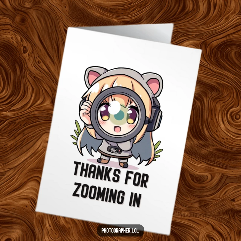Funny Free Printable Thank you Card: Character zooming in with comically exaggerated lens, ideal for DIY.