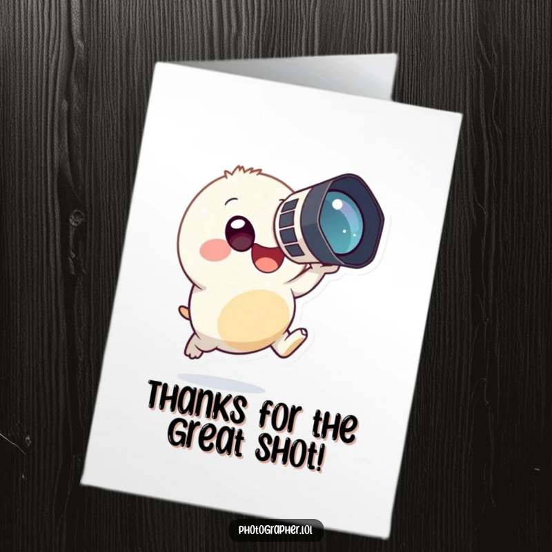 Funny free printable thank you card of a tiny creature leaping and holding a large camera to its eye.